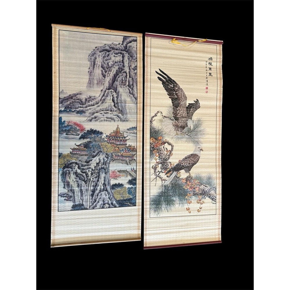 vintage Asian bamboo scroll wall hangings landscape and eagle designs 2 Pieces - Picture 2 of 3